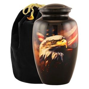 Brown Patriotic Eagle Urn American Flag Cremation. Handmade with Velvet Bag.